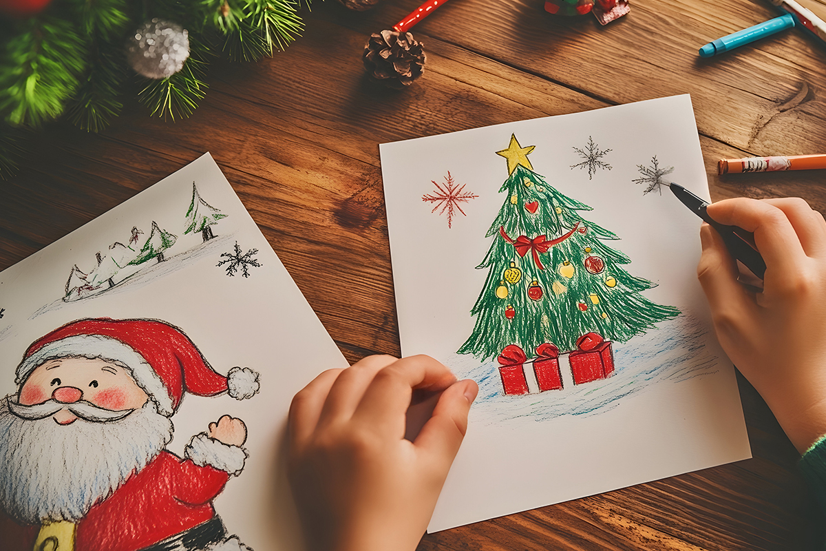 A girl draws a snowman on a white piece of paper. The Concept Of