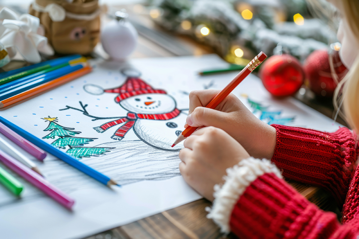 A girl draws a snowman on a white piece of paper. The Concept Of